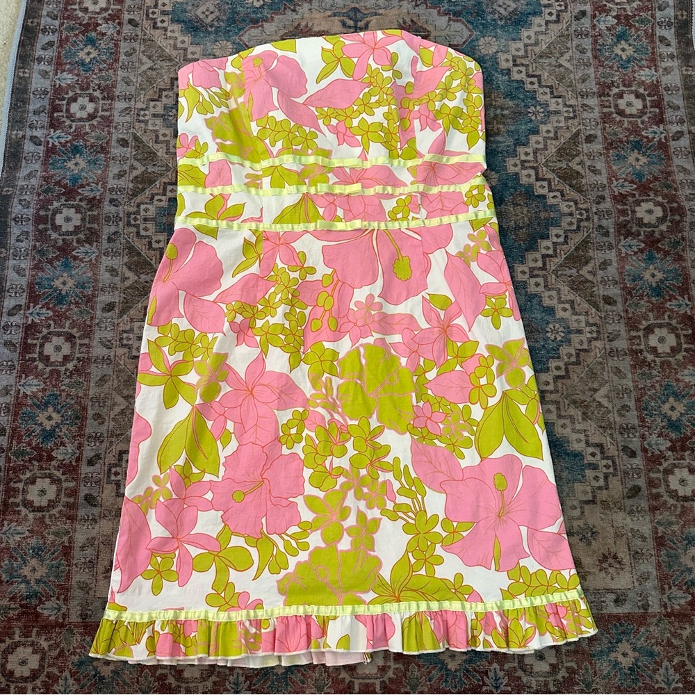 Y2k Pink and green floral print strapless dress with ruffles size 13/14 - Picture 3 of 8
